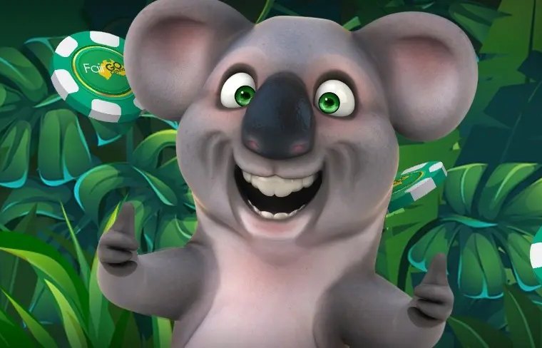 Fair Go Casino koala mascot with casino chips in the bush